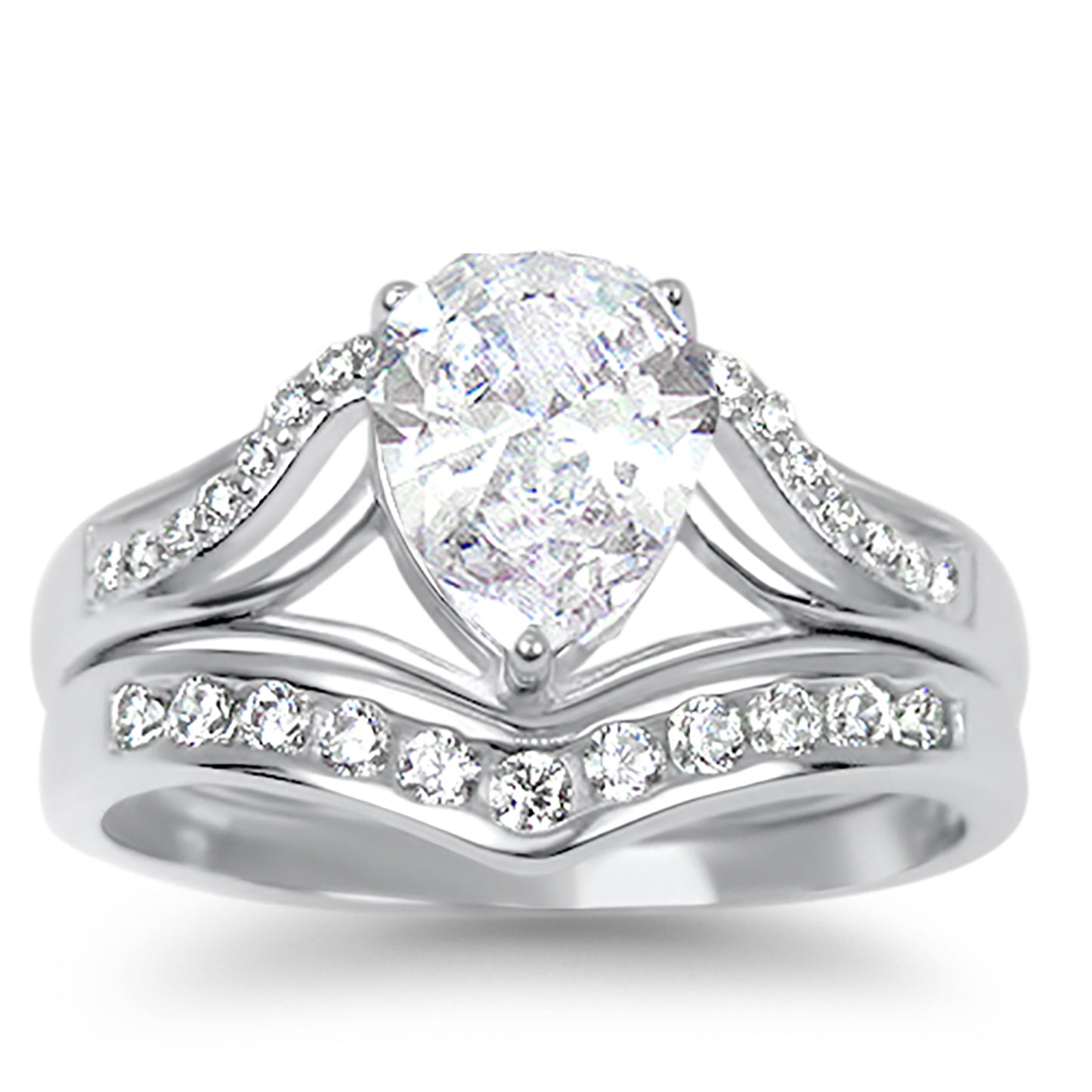 1 Carat Solitaire Pear Cut White CZ Traditional Wedding Ring Set in Sterling Silver