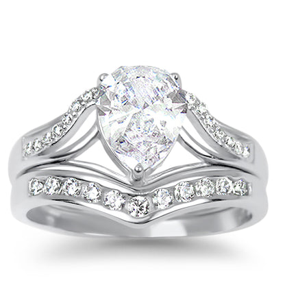 1 Carat Solitaire Pear Cut White CZ Traditional Wedding Ring Set in Sterling Silver