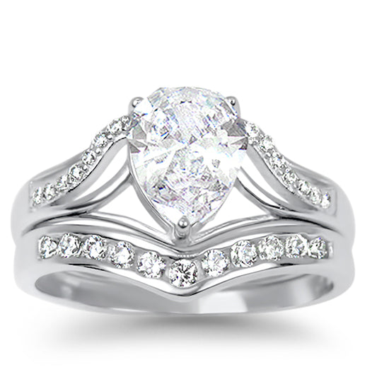 1 Carat Solitaire Pear Cut White CZ Traditional Wedding Ring Set in Sterling Silver