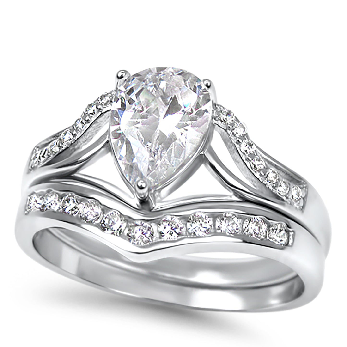 1 Carat Solitaire Pear Cut White CZ Traditional Wedding Ring Set in Sterling Silver
