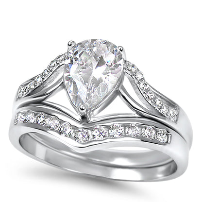 1 Carat Solitaire Pear Cut White CZ Traditional Wedding Ring Set in Sterling Silver