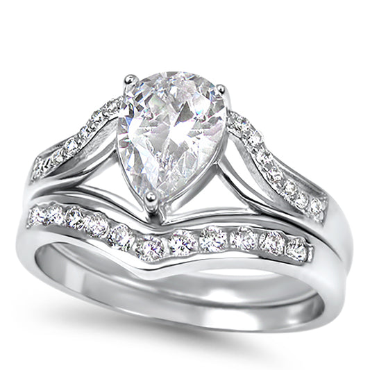 1 Carat Solitaire Pear Cut White CZ Traditional Wedding Ring Set in Sterling Silver