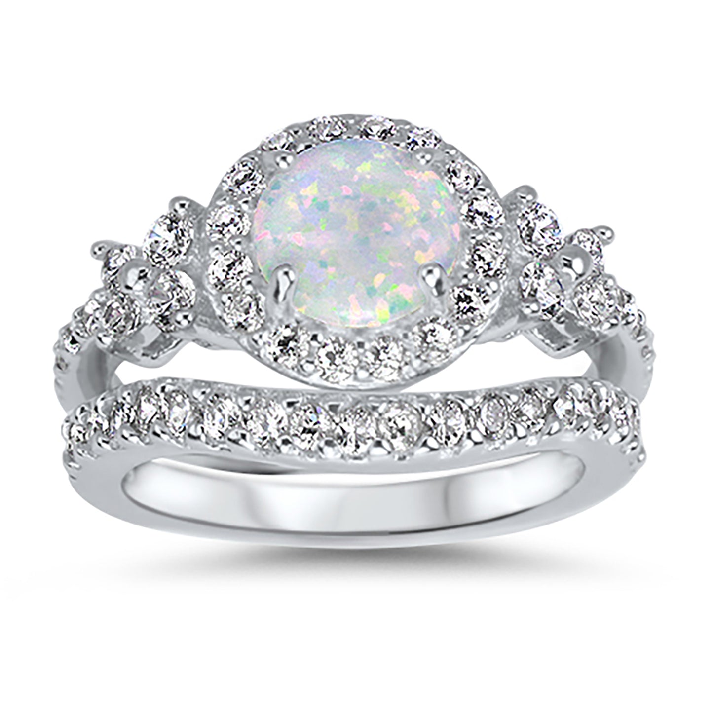 1 Carat Lab Opal and CZ Sterling Silver Vintage Wedding Engagement Ring Set
