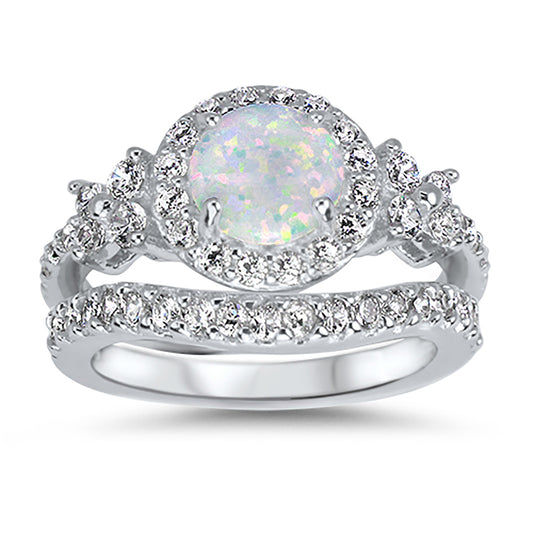 1 Carat Lab Opal and CZ Sterling Silver Vintage Wedding Engagement Ring Set