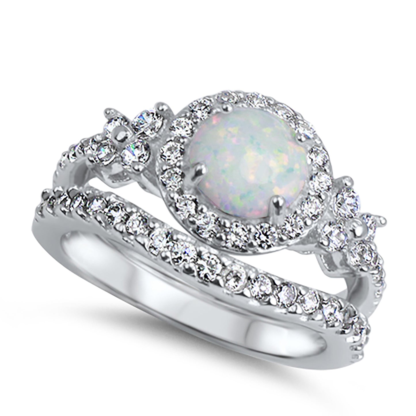 1 Carat Lab Opal and CZ Sterling Silver Vintage Wedding Engagement Ring Set