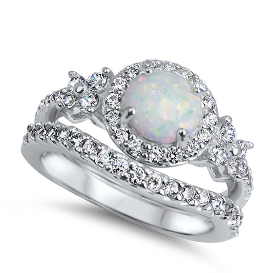 1 Carat Lab Opal and CZ Sterling Silver Vintage Wedding Engagement Ring Set