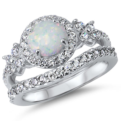 1 Carat Lab Opal and CZ Sterling Silver Vintage Wedding Engagement Ring Set