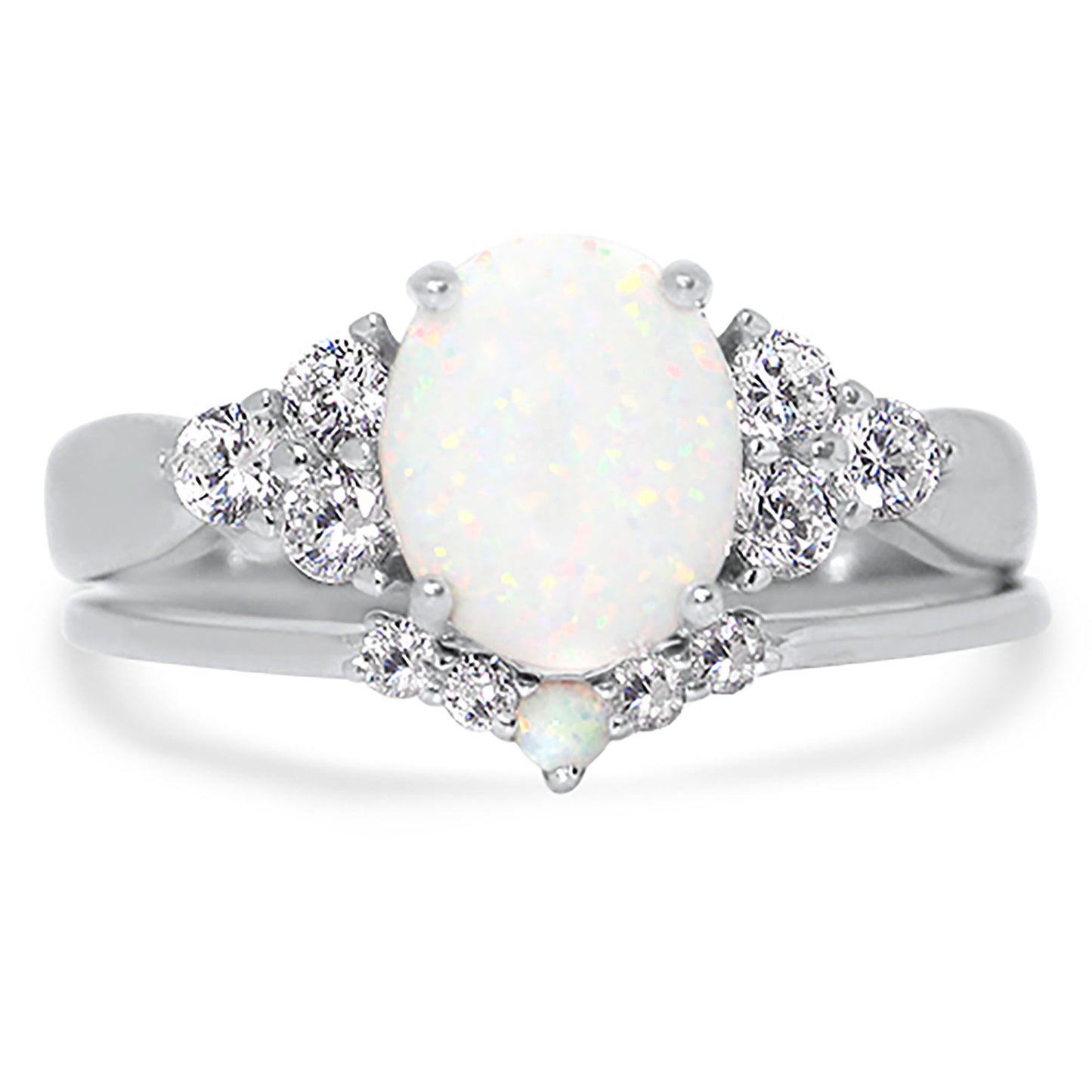 2 Carat Lab Created Opal and CZ Silver Wedding Engagement Ring Set