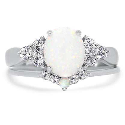 2 Carat Lab Created Opal and CZ Silver Wedding Engagement Ring Set
