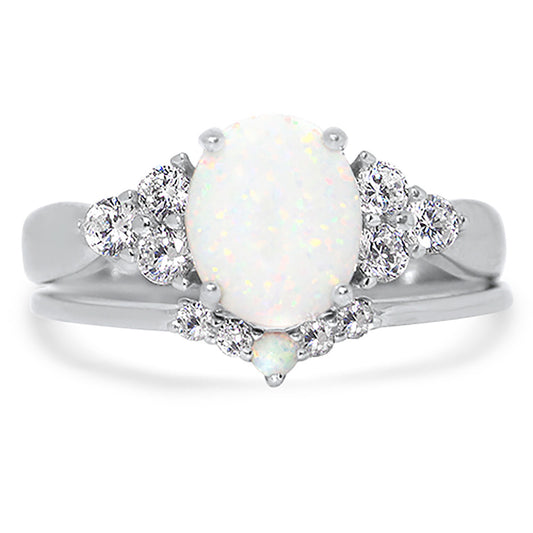 2 Carat Lab Created Opal and CZ Silver Wedding Engagement Ring Set