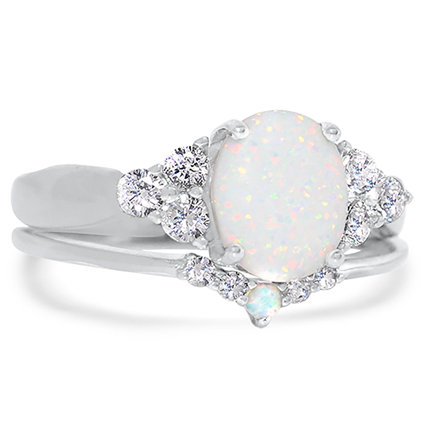 2 Carat Lab Created Opal and CZ Silver Wedding Engagement Ring Set