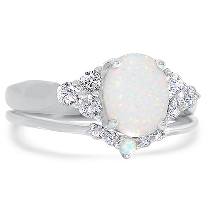 2 Carat Lab Created Opal and CZ Silver Wedding Engagement Ring Set