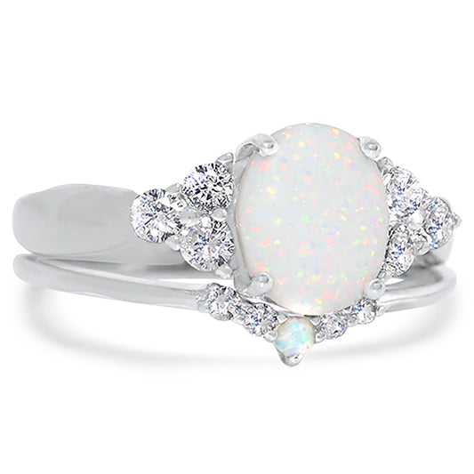2 Carat Lab Created Opal and CZ Silver Wedding Engagement Ring Set