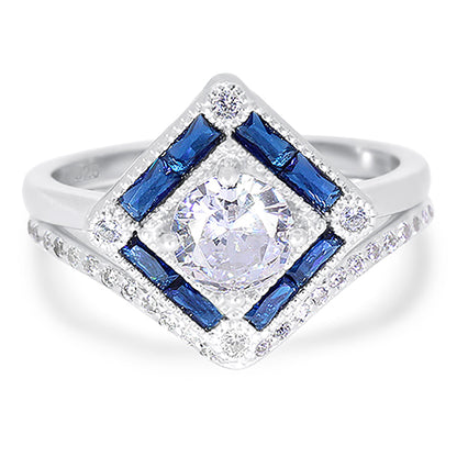 Art Deco Antique Style Silver Wedding Engagement Ring Set