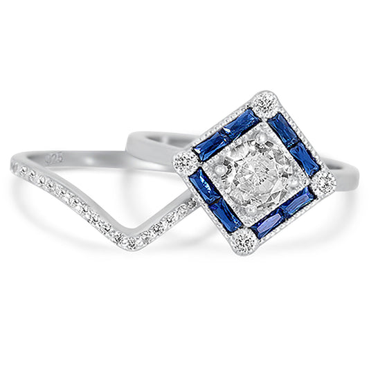 Art Deco Antique Style Silver Wedding Engagement Ring Set