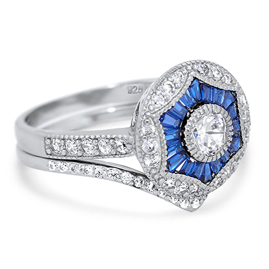 Art Deco Antique Style Silver Wedding Engagement Ring Set