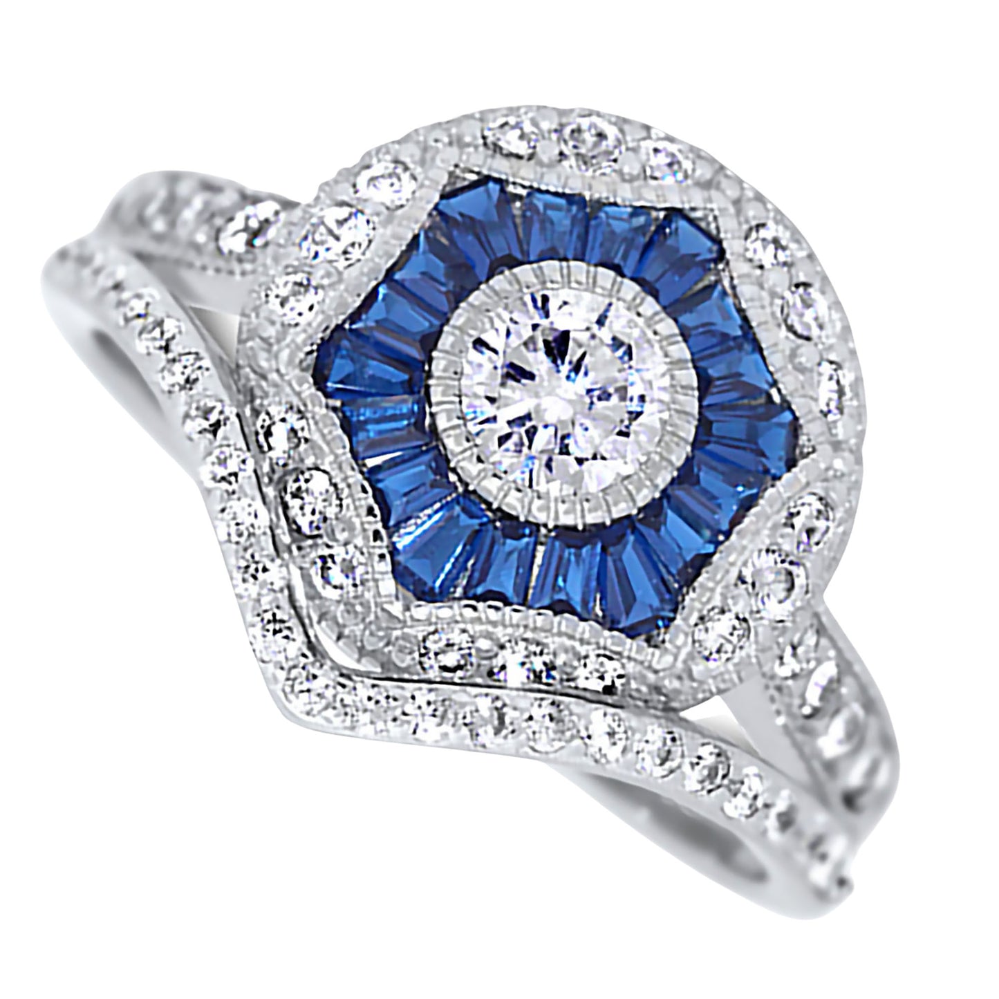 Art Deco Antique Style Silver Wedding Engagement Ring Set