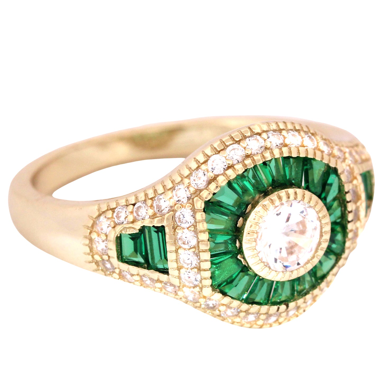 1 Carat Round Brilliant White CZ Green Accents Gold Plated Silver Wedding Ring Set
