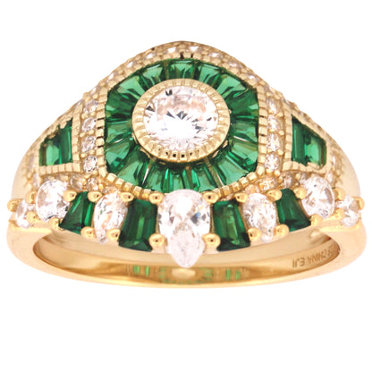 1 Carat Round Brilliant White CZ Green Accents Gold Plated Silver Wedding Ring Set