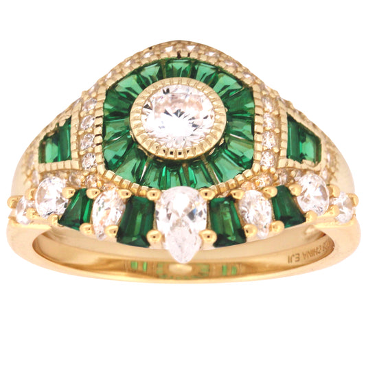 1 Carat Round Brilliant White CZ Green Accents Gold Plated Silver Wedding Ring Set