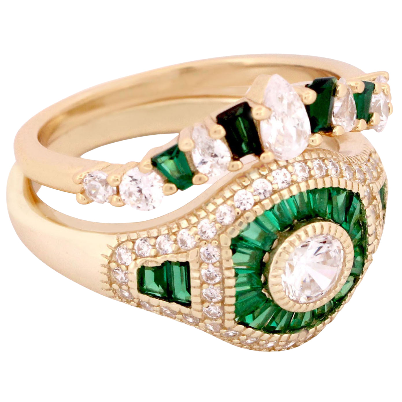 1 Carat Round Brilliant White CZ Green Accents Gold Plated Silver Wedding Ring Set
