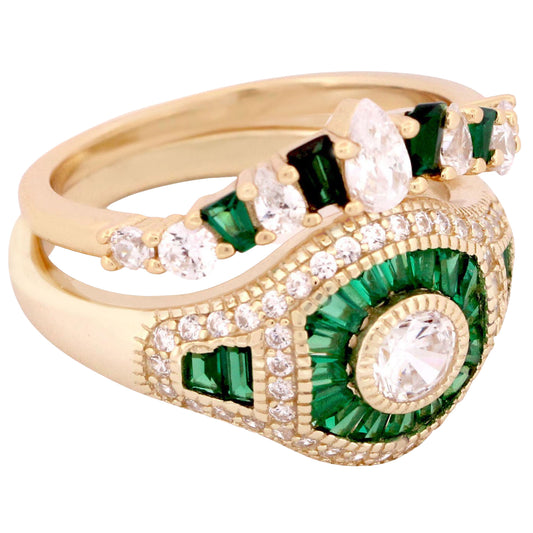 1 Carat Round Brilliant White CZ Green Accents Gold Plated Silver Wedding Ring Set