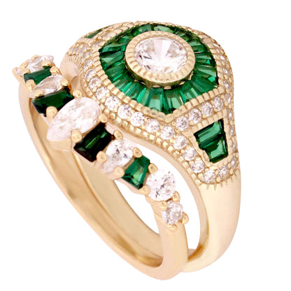 1 Carat Round Brilliant White CZ Green Accents Gold Plated Silver Wedding Ring Set