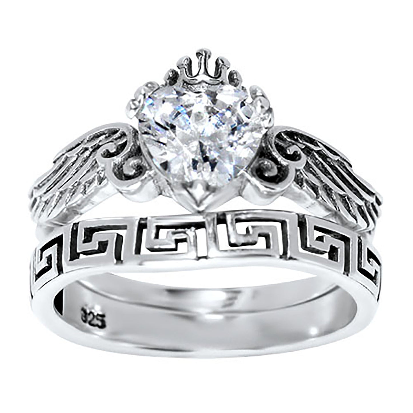 1 Carat Heart Cut White CZ Angel Wing Sterling Silver Wedding Engagement Ring Set