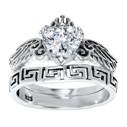 1 Carat Heart Cut White CZ Angel Wing Sterling Silver Wedding Engagement Ring Set