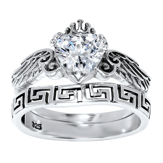 1 Carat Heart Cut White CZ Angel Wing Sterling Silver Wedding Engagement Ring Set