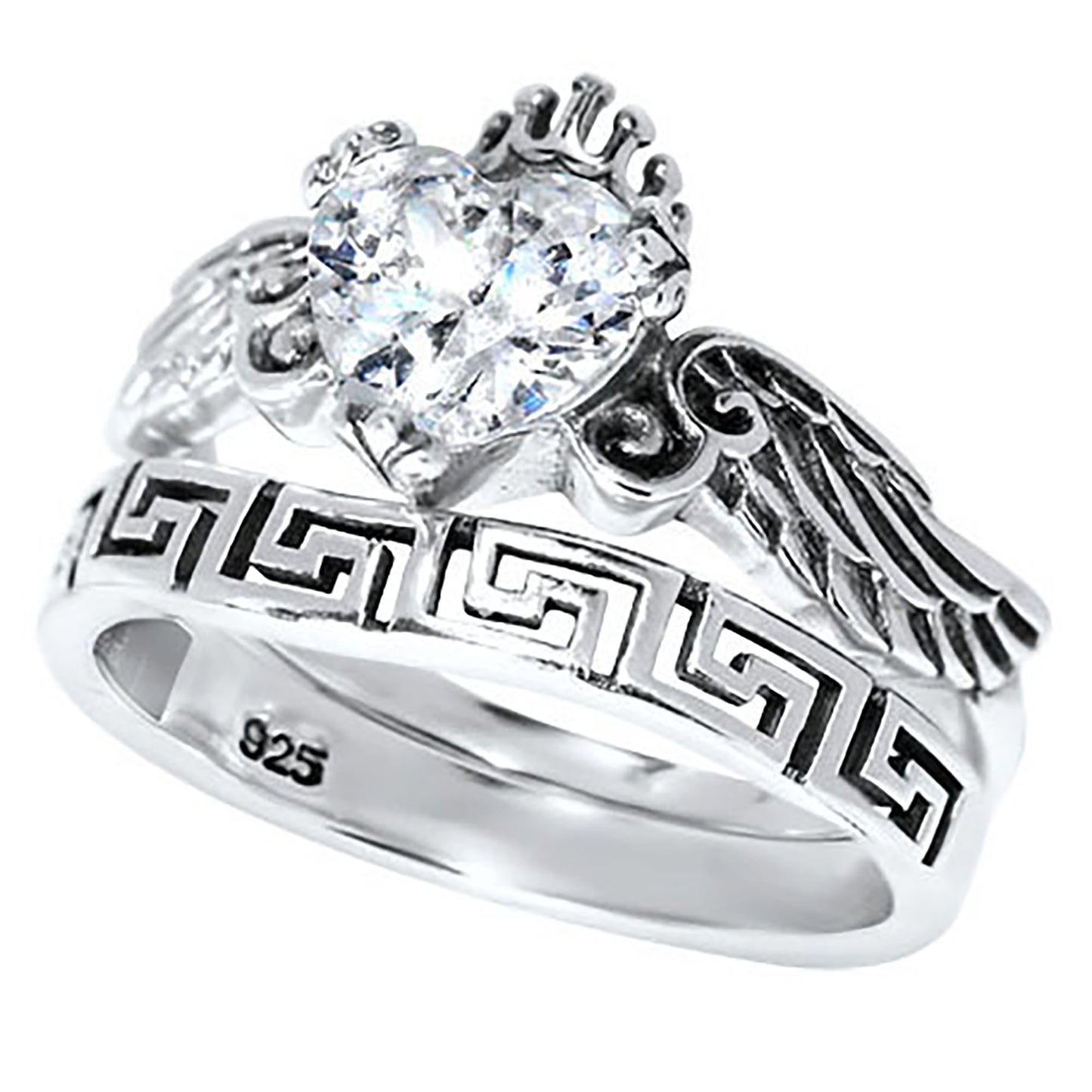1 Carat Heart Cut White CZ Angel Wing Sterling Silver Wedding Engagement Ring Set
