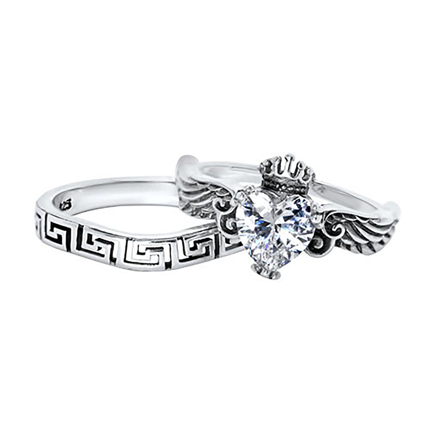 1 Carat Heart Cut White CZ Angel Wing Sterling Silver Wedding Engagement Ring Set
