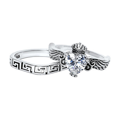 1 Carat Heart Cut White CZ Angel Wing Sterling Silver Wedding Engagement Ring Set