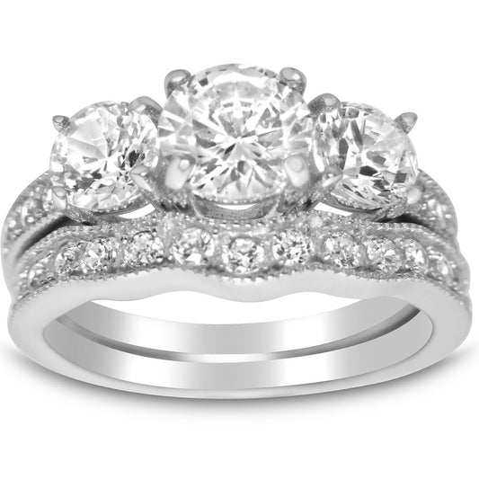 Traditional Design 3 Stone CZ Sterling Silver Wedding Engagement Ring Set