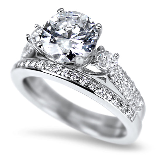 3 Stone Antique Style CZ Sterling Silver Wedding Ring Set