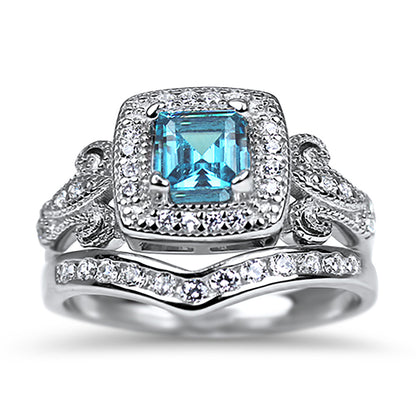 1 Carat Princess Cut Simulated Blue Topaz Sterling Silver Vintage Wedding Set
