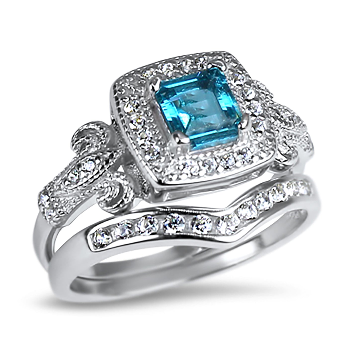 1 Carat Princess Cut Simulated Blue Topaz Sterling Silver Vintage Wedding Set