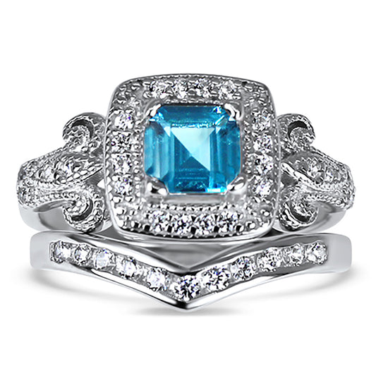 1 Carat Princess Cut Simulated Blue Topaz Sterling Silver Vintage Wedding Set