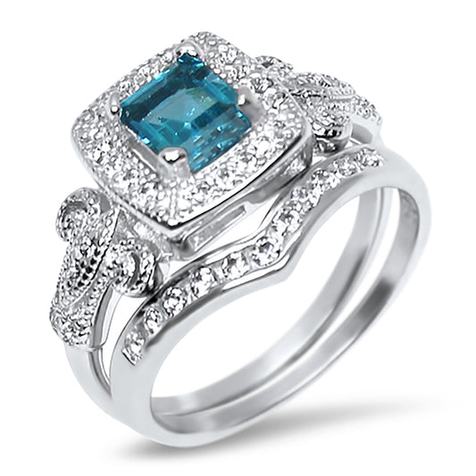 1 Carat Princess Cut Simulated Blue Topaz Sterling Silver Vintage Wedding Set