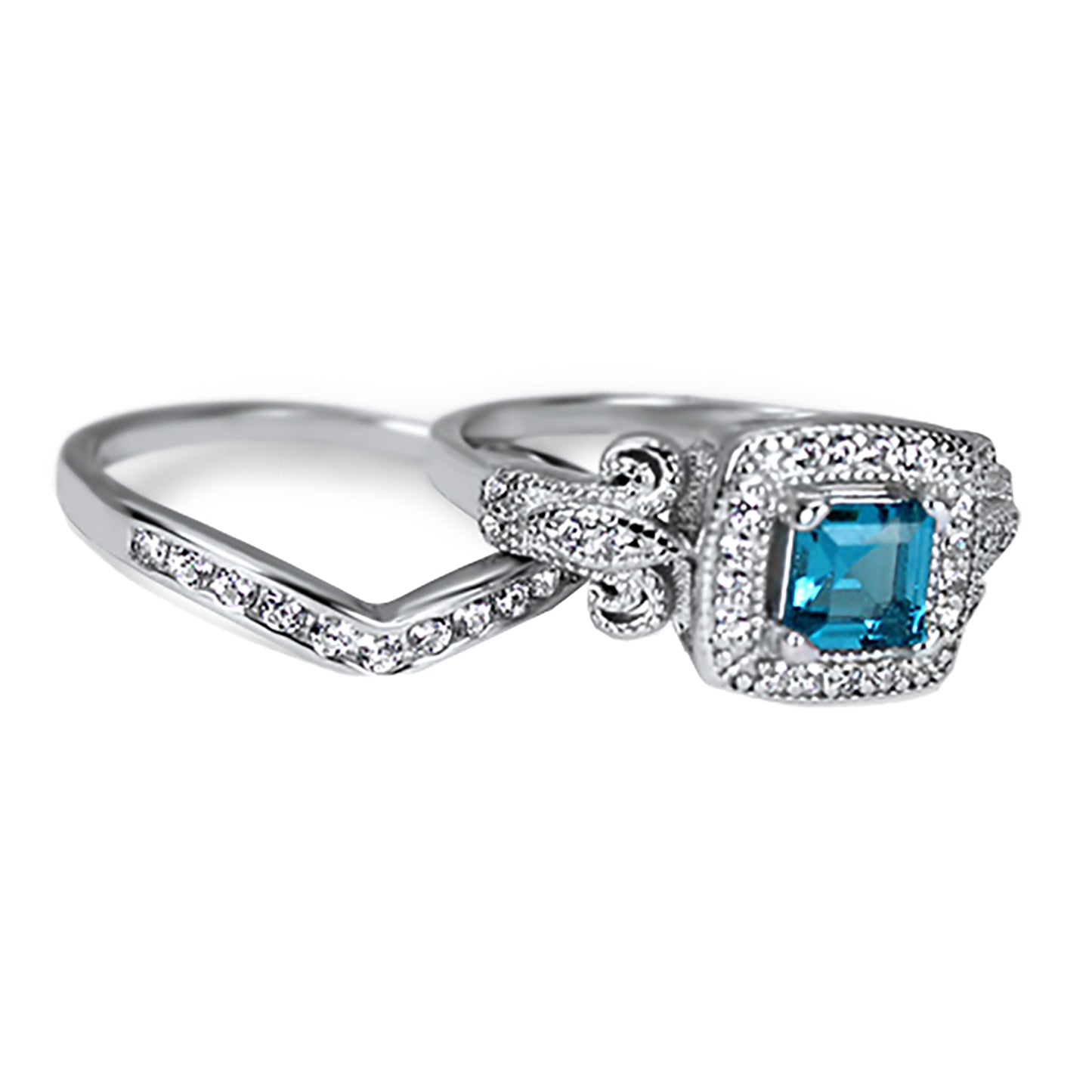 1 Carat Princess Cut Simulated Blue Topaz Sterling Silver Vintage Wedding Set