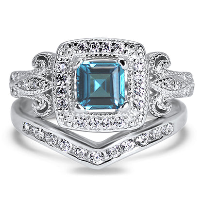 1 Carat Princess Cut Simulated Blue Topaz Sterling Silver Vintage Wedding Set
