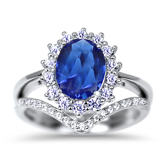 1 Carat Simulated Blue Sapphire Halo Setting Silver Wedding Engagement Ring Set