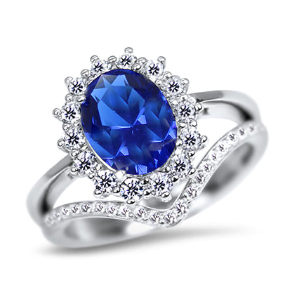 1 Carat Simulated Blue Sapphire Halo Setting Silver Wedding Engagement Ring Set
